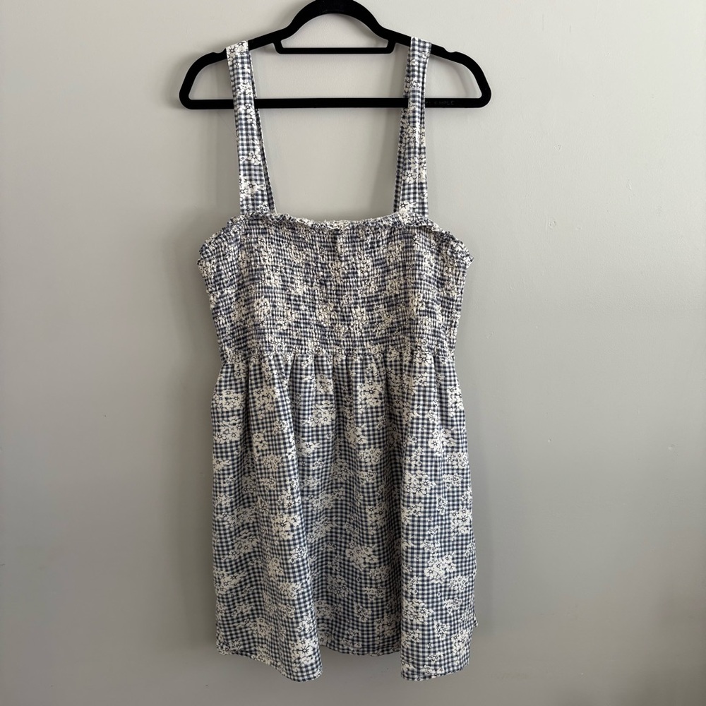 American Eagle Blue and White Checkered Floral Dress Size XL